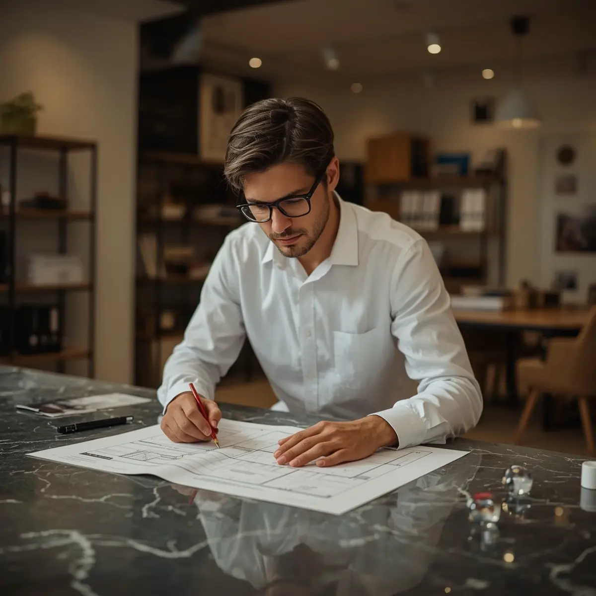 Asesor en diseño revisando planos de mesa personalizada en oficina