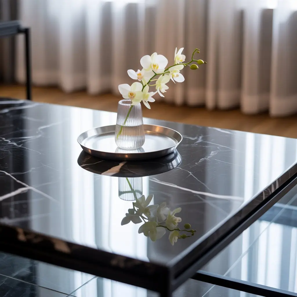 Detalle de mesa de granito negro pulido con decoración floral elegante