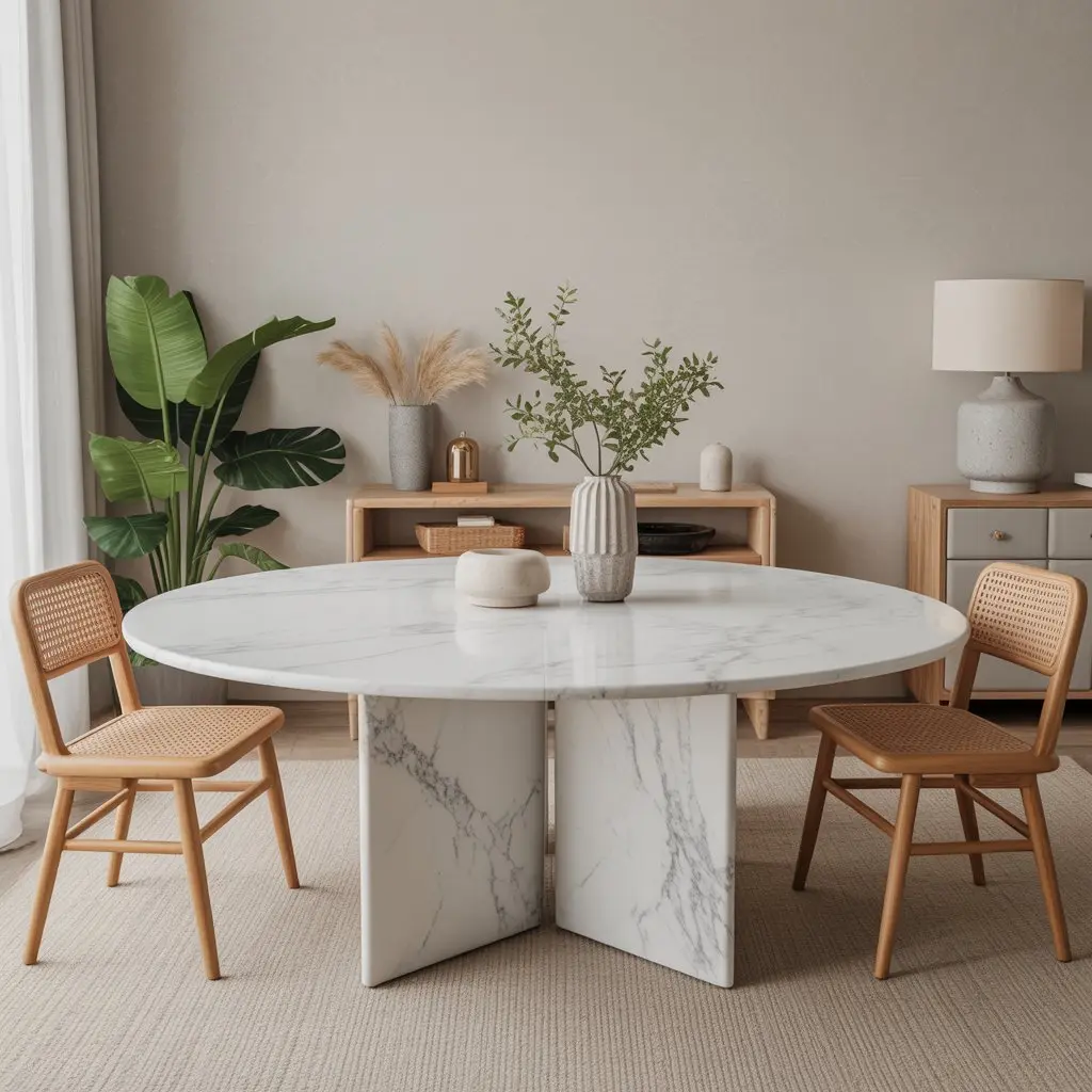 Mesa redonda de mármol blanco con base cilíndrica y sillas escandinavas