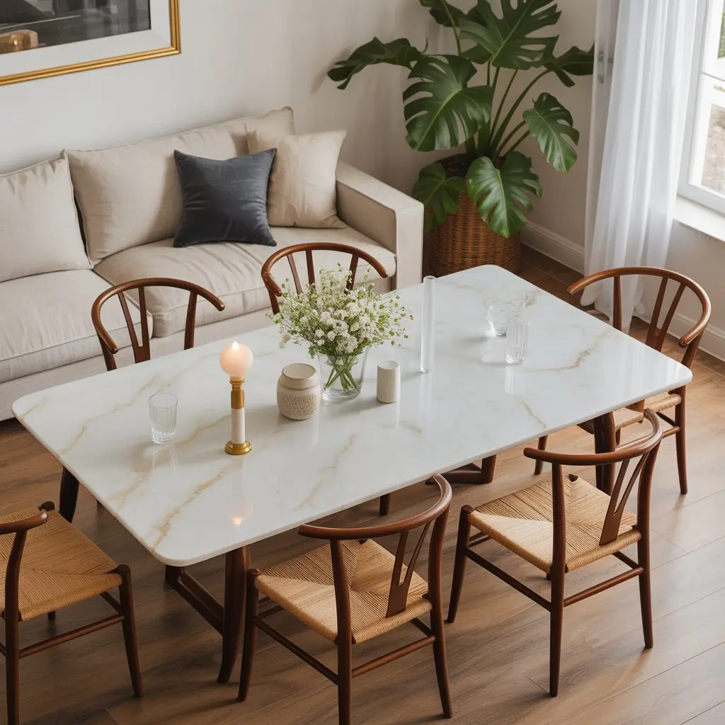 Mesa de mármol con sillas de madera en comedor contemporáneo con plantas
