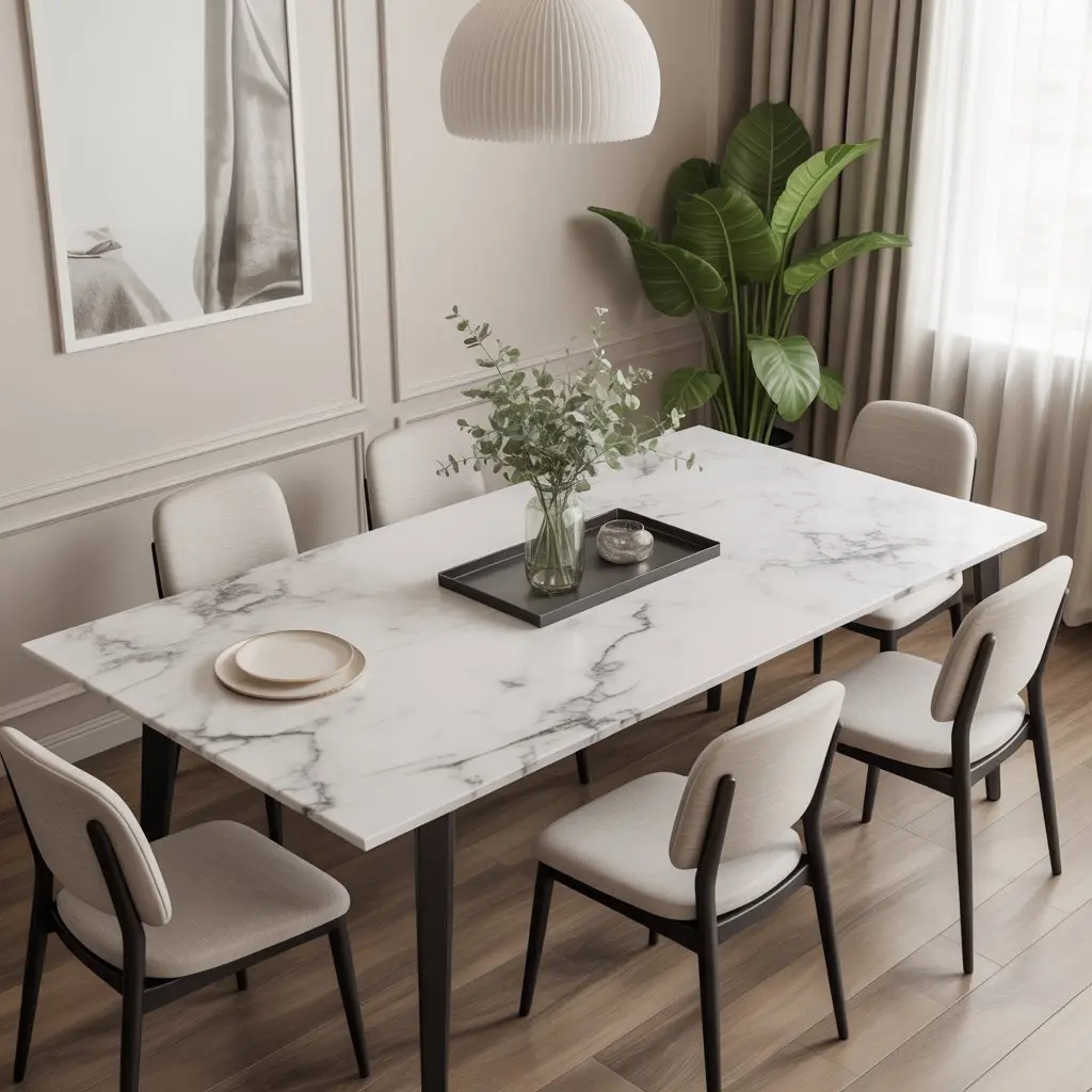 Comedor moderno con mesa de mármol rectangular y sillas de diseño minimalista